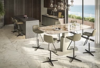 Ceramic marble top stylish dining table with adjustable height bar stools