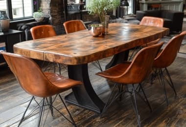 Brown stained oak lacquered dining table with dining chairs