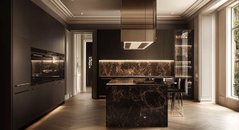 Black themed marble top with black matt smart appliances