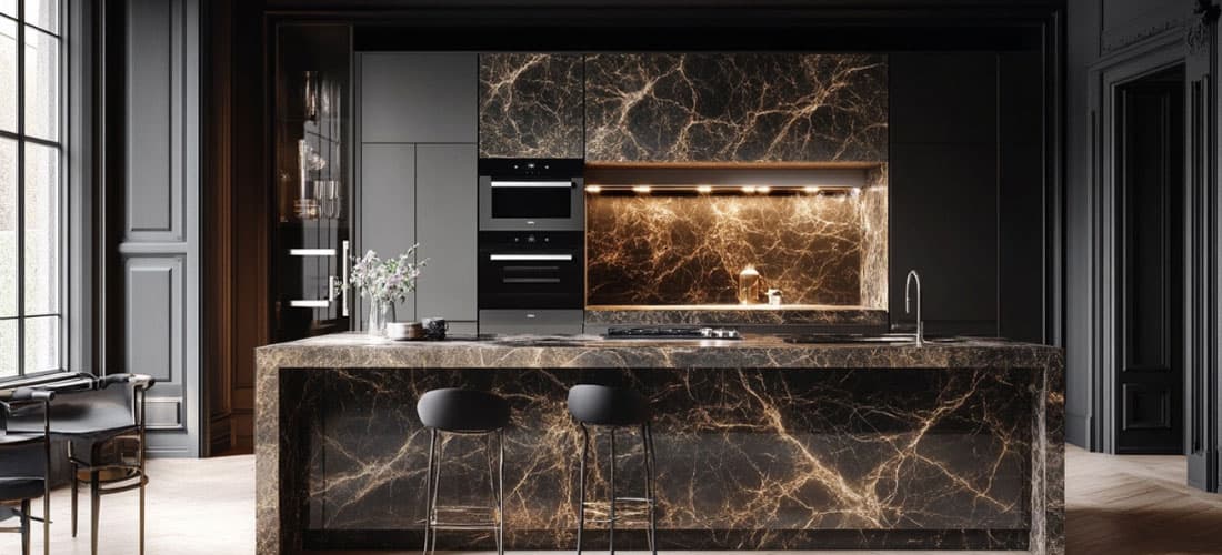 Luxury smart kitchen set up with Marble Countertop and rounded barstools