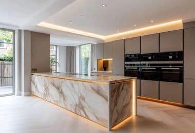 White minimal kitchen with automated appliances and internal lighting