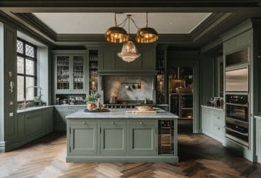 Green traditional kitchen interiors designing by FCI London