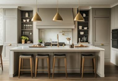 Marble counter with shaker style cabinets and stylish barstools