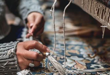 A craftsman working on knotting a rug