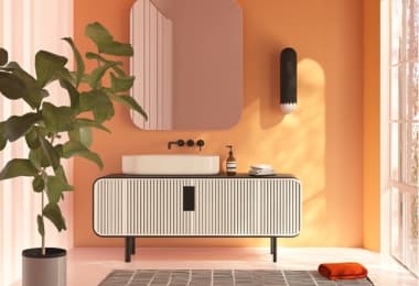 Striking white and black sideboard with toiletries displayed in a modern bathroom