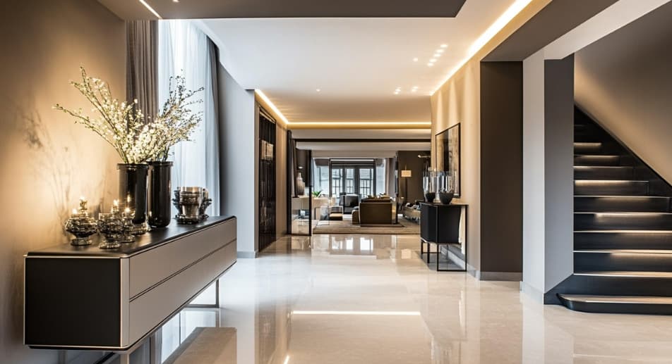 Striking black sideboard with beautiful vases and decoratives in a luxurious living room hallway. 