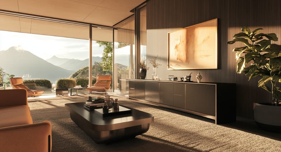 Large brown sideboard in a spacious living room, perfectly matching the furniture.