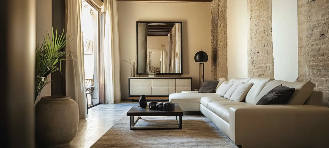 Stunning white and black sideboard with decorative elements under a mirror in a luxurious room