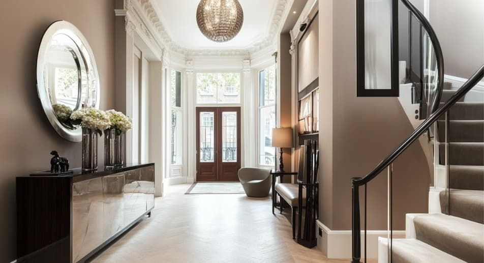 Modern dark wooden sideboard adorned with a white flower vase, placed in a welcoming entryway