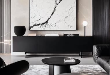 Stunning matte black sideboard with bold modern artwork and soft lighting accents.