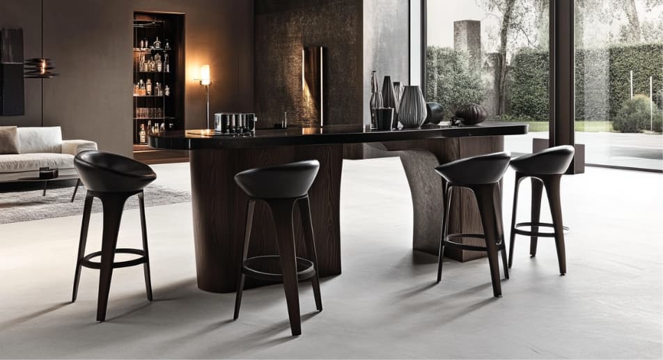 Stunning dark bar stools placed with a contemporary wooden bar counter, creating a sophisticated look.