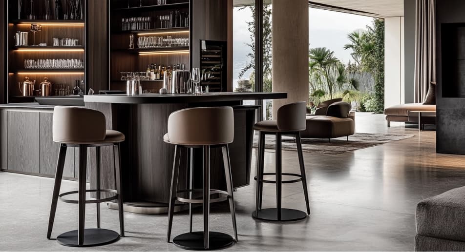 Modern brown bar stools with black metal legs positioned beside an elegant wooden bar setup.