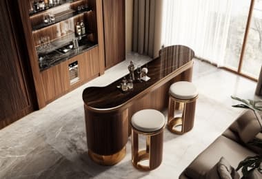 Stunning brown wooden bar stools placed next to a glossy wooden bar counter.