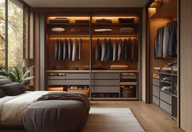 Spacious and luxurious bedroom wardrobes placed in a large bedroom