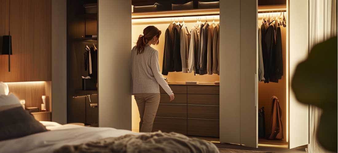 A girl viewing the inside of the wardrobe unit with indoor lighting and storage units in a bedroom