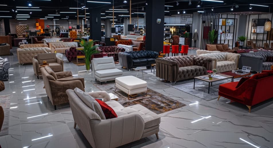 A wide range of modern chairs exhibited in a luxury showroom