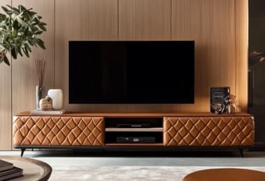 Orange upholstered TV media console in a living room