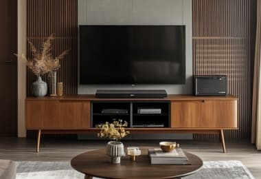 Oak rounded wooden tv media consoles with a coffee table