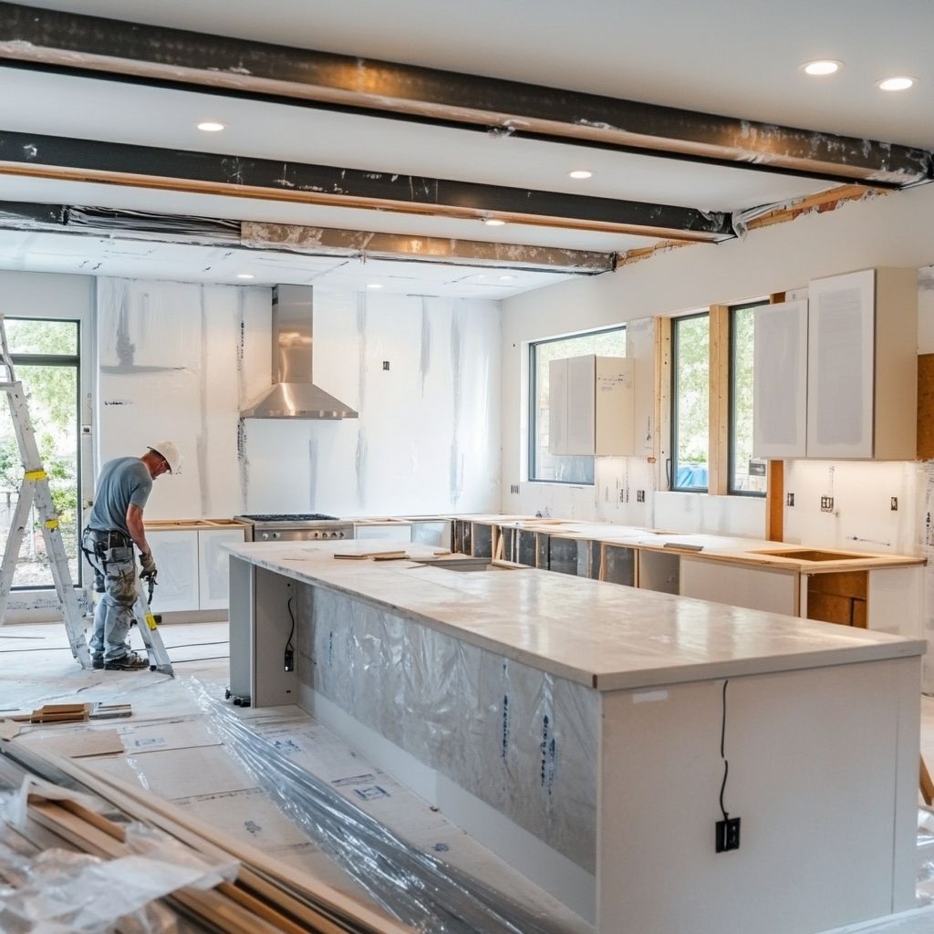 A worker from FCI London's team working on the marble finished white themed luxury kitchen