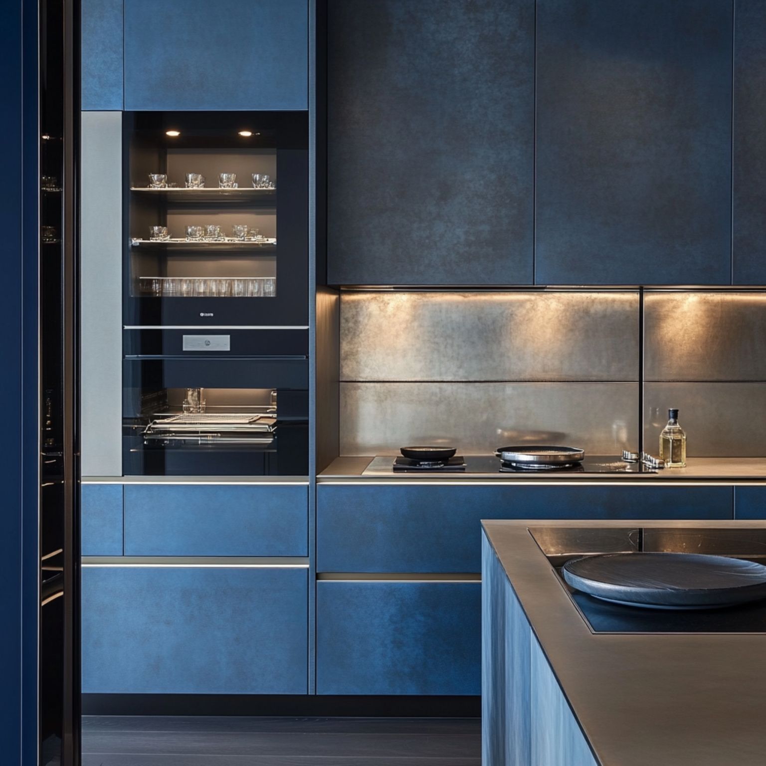 Blue set up of kitchen cabinets with interior lighting