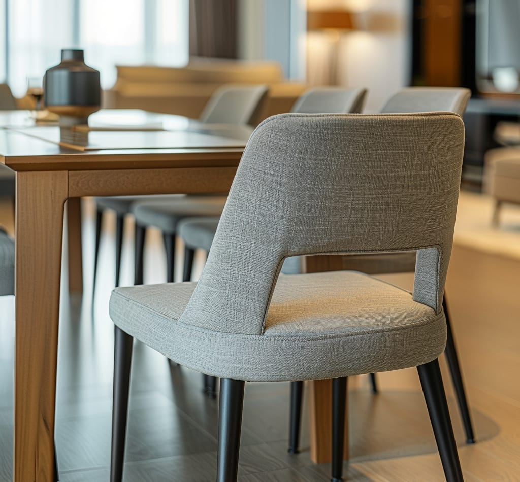 Closer view of a grey upholstered dining chairs around a dining table