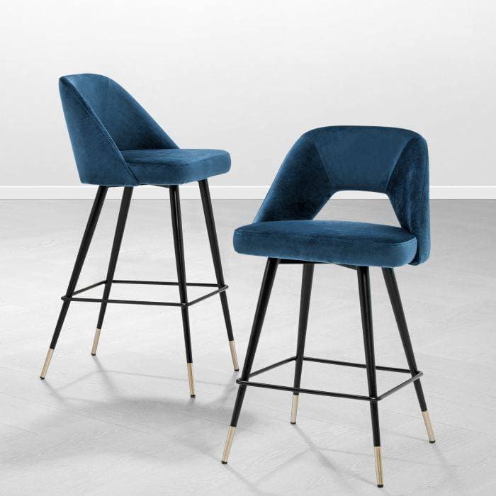 Avorio Blue Velvet Bar Stool by Eichholtz