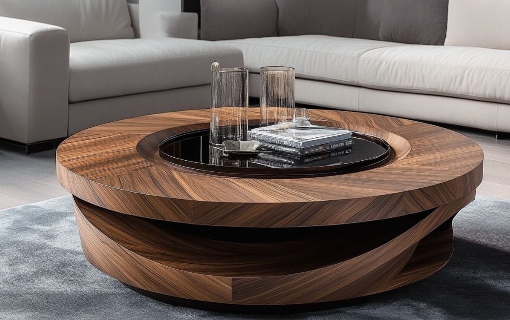 Circular wooden coffee table with a glass centrepiece