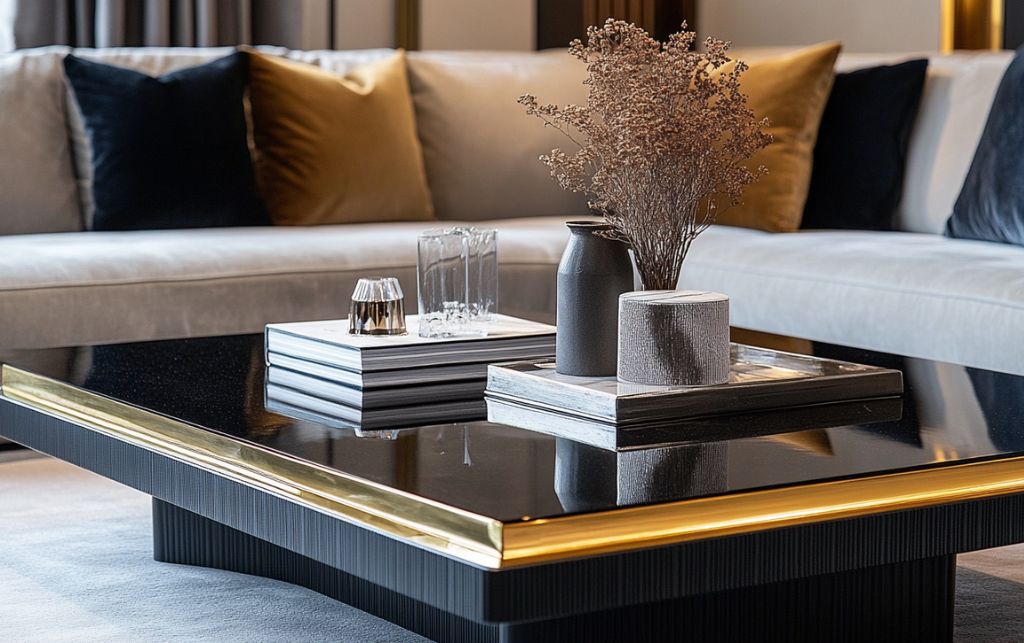 Black wooden coffee table with a smooth finish and gold accents