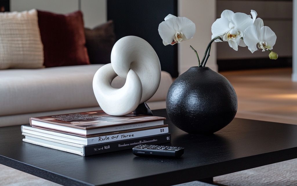 Black wooden coffee table with decorative books and a ceramic vase