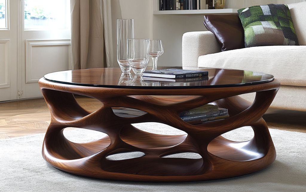 Wooden coffee table with an artistic circular design and glass top