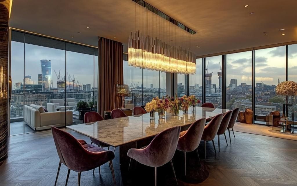 Designer dining chairs in a modern high rise