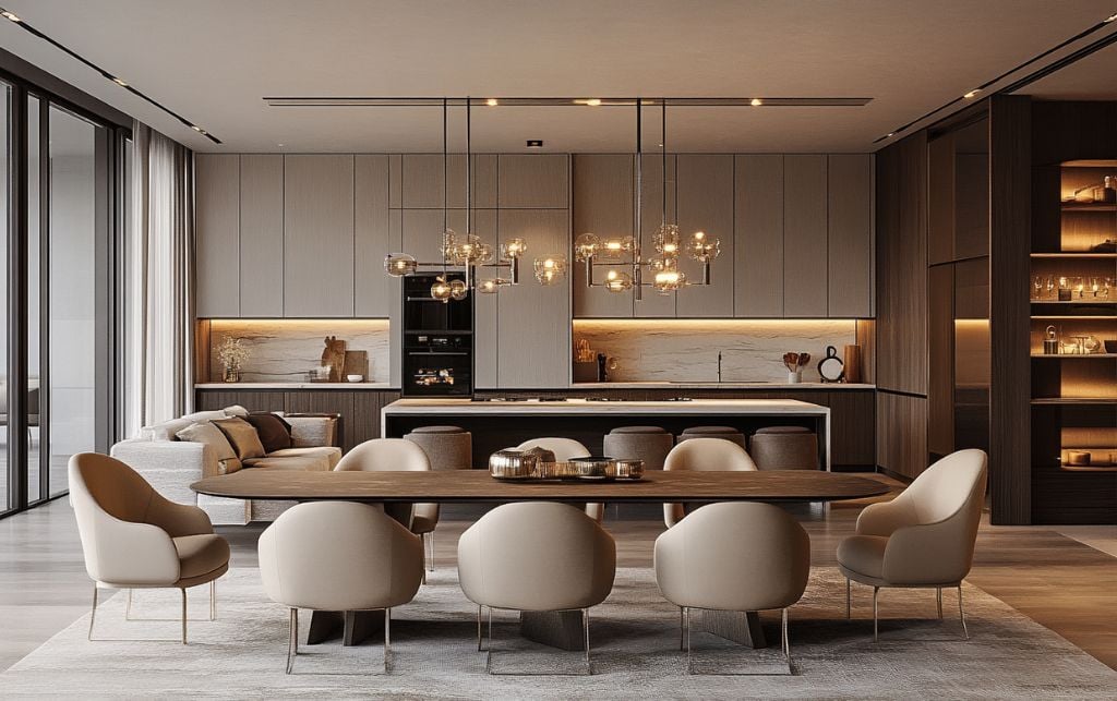Open-plan living space with mink dining chairs creating visual harmony