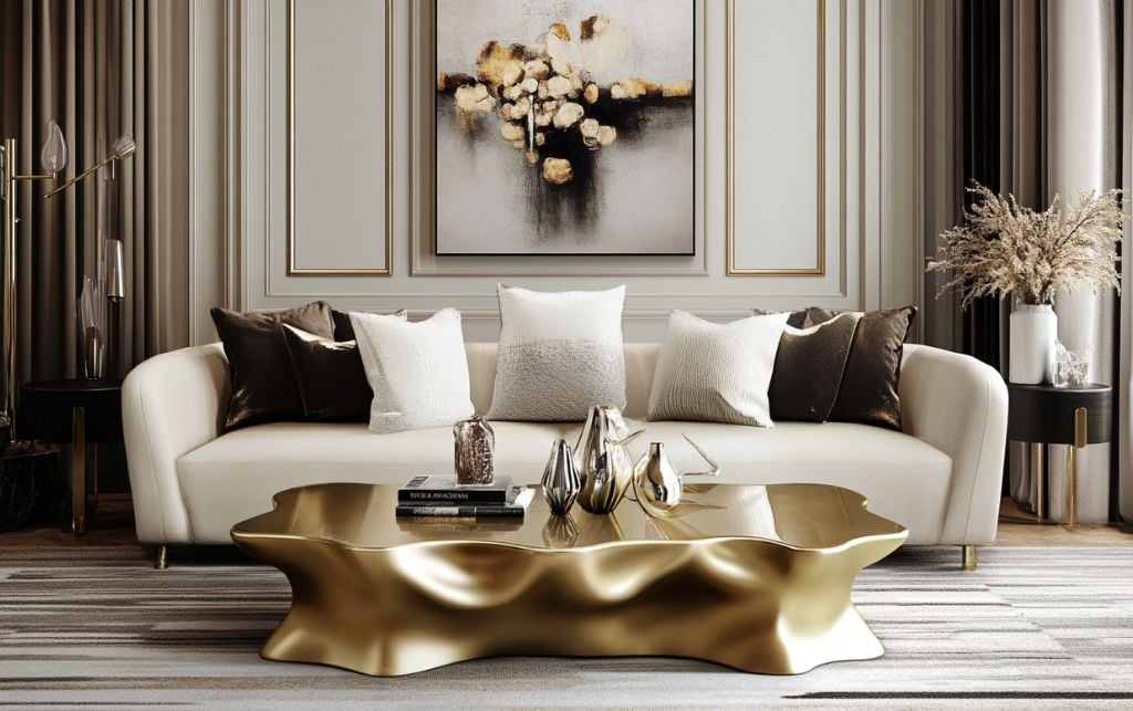 Curated variety of gold metal coffee tables displayed in diverse luxury interior settings