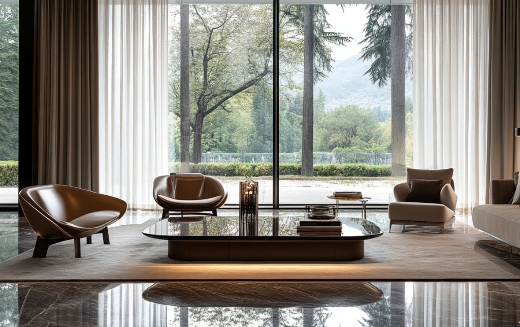 Elegant living room showcasing proper coffee table selection with glass and wood design