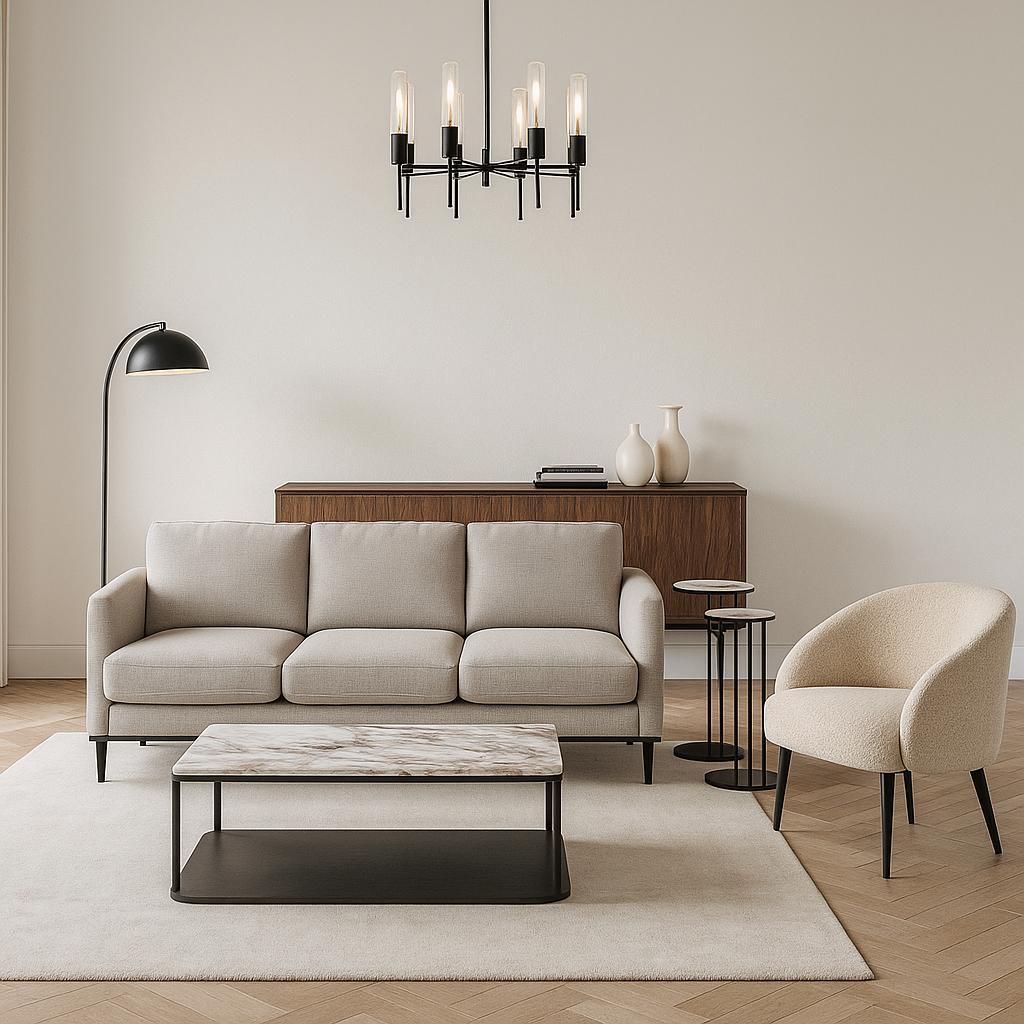 Google Nano Banana AI-generated living room with altered furniture pieces from original brief