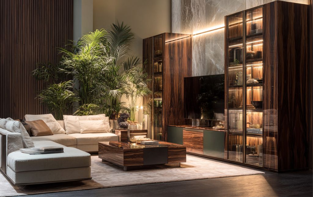 Luxury materials including walnut wood and glass in corner unit design