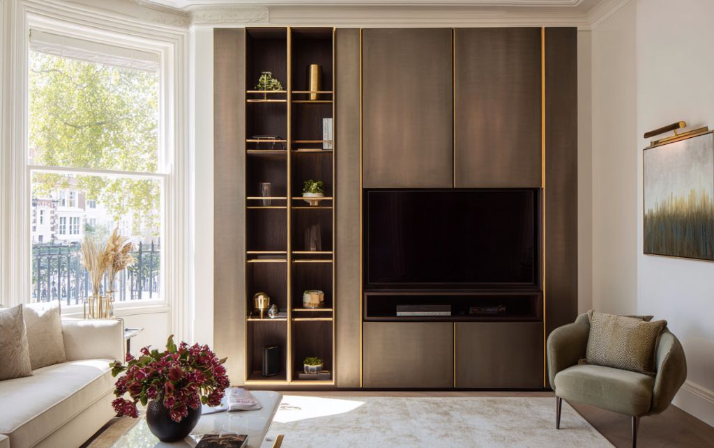 Contemporary tall corner TV unit in modern living room setting