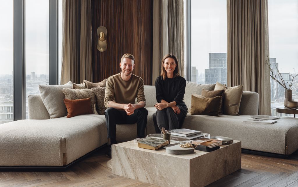 Young couple selecting their first sofa together in a modern living room setting