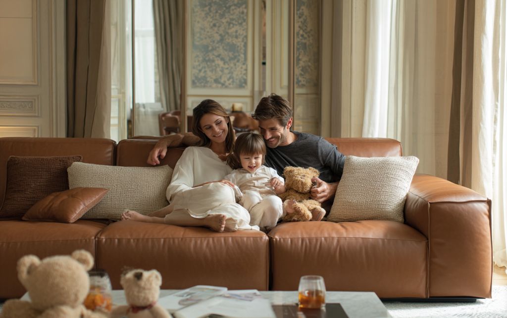 Family living room with children playing on sofa