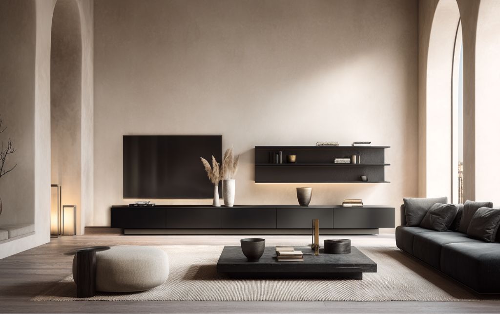 Black TV unit against pale textured wall