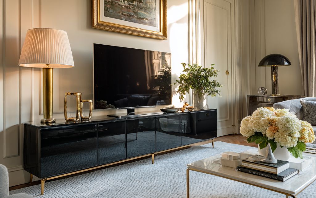 Metallic accents with black TV unit