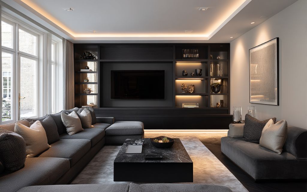Layered lighting around black TV unit