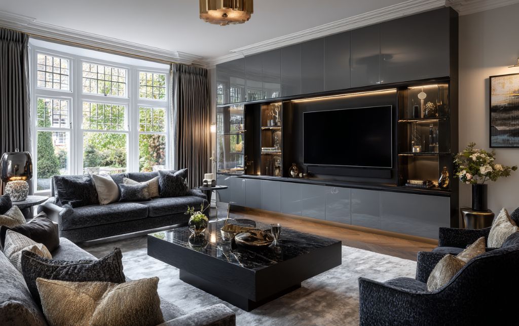 Charcoal upholstery with grey gloss TV unit