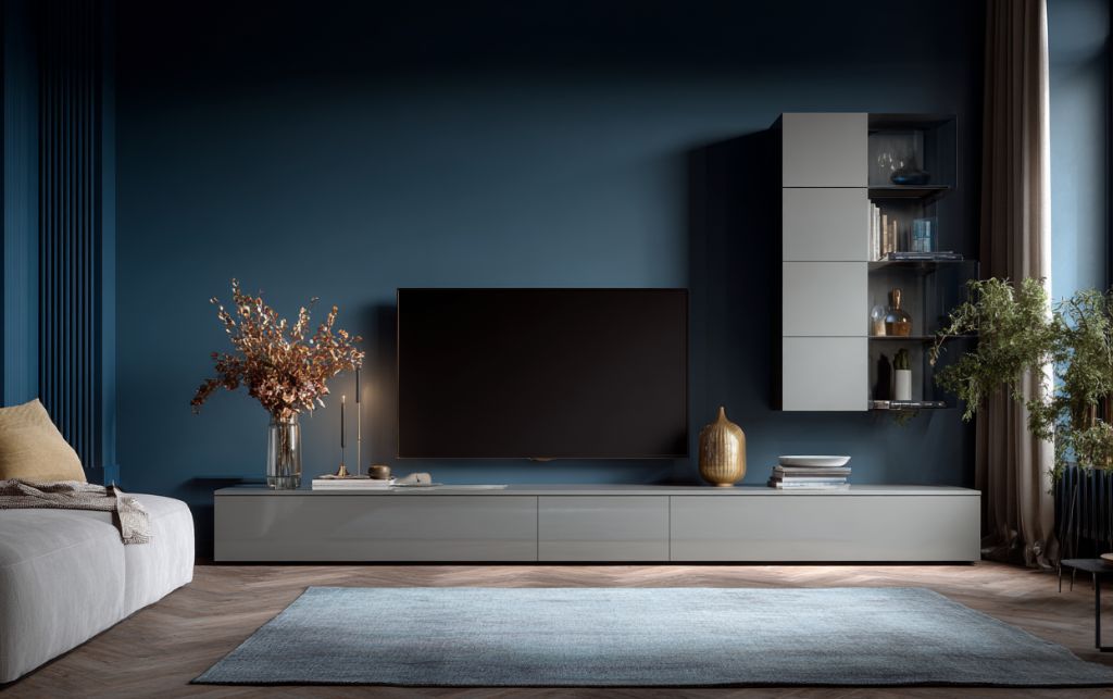 Deep navy walls with light grey gloss furniture