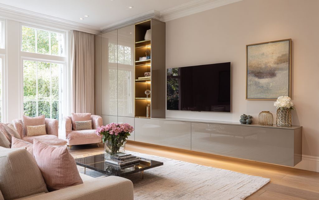 Beautifully styled grey gloss TV unit in completed interior