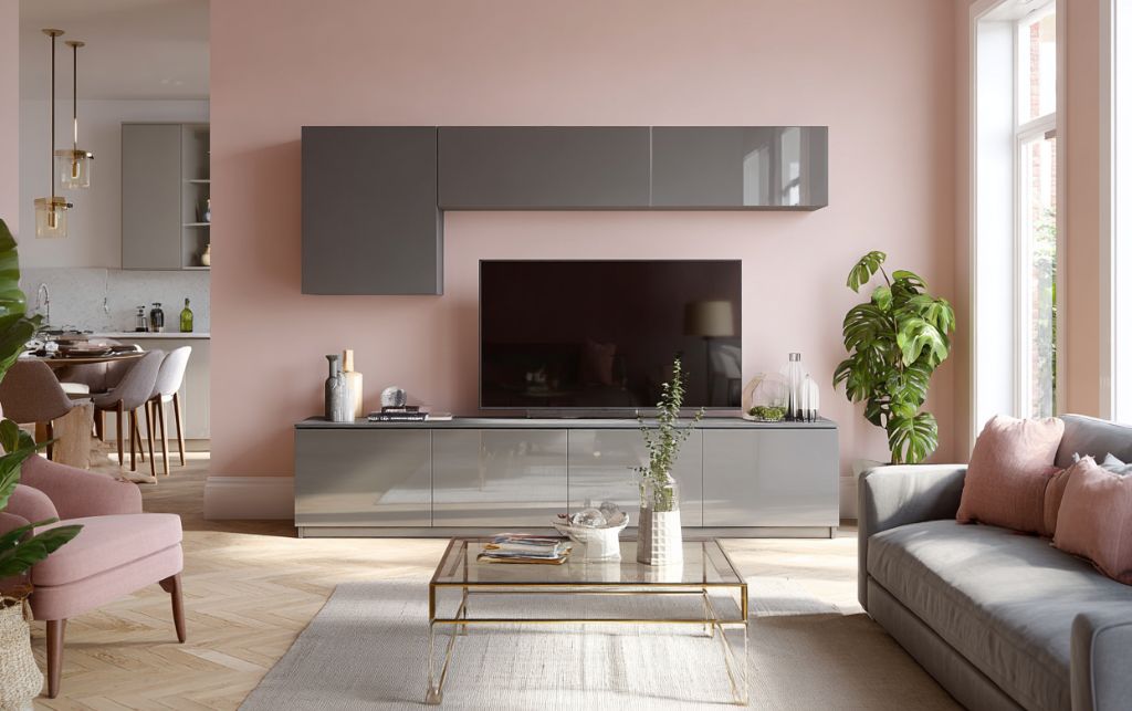 Soft blush pink walls with grey gloss TV unit