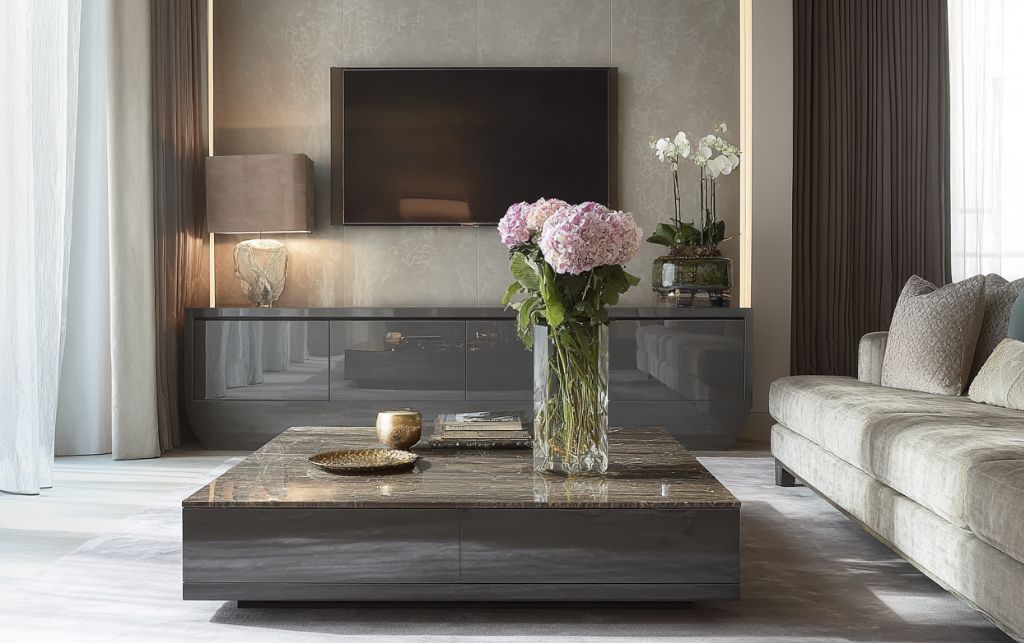 Close-up of grey gloss TV unit showing reflective finish