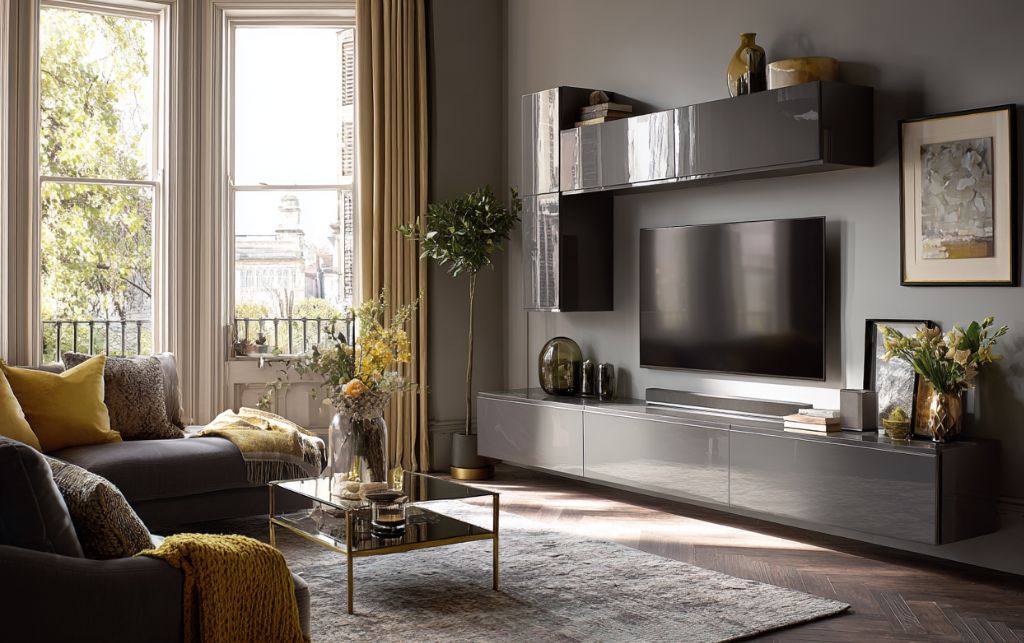 Room with grey gloss TV unit showing colour scheme coordination