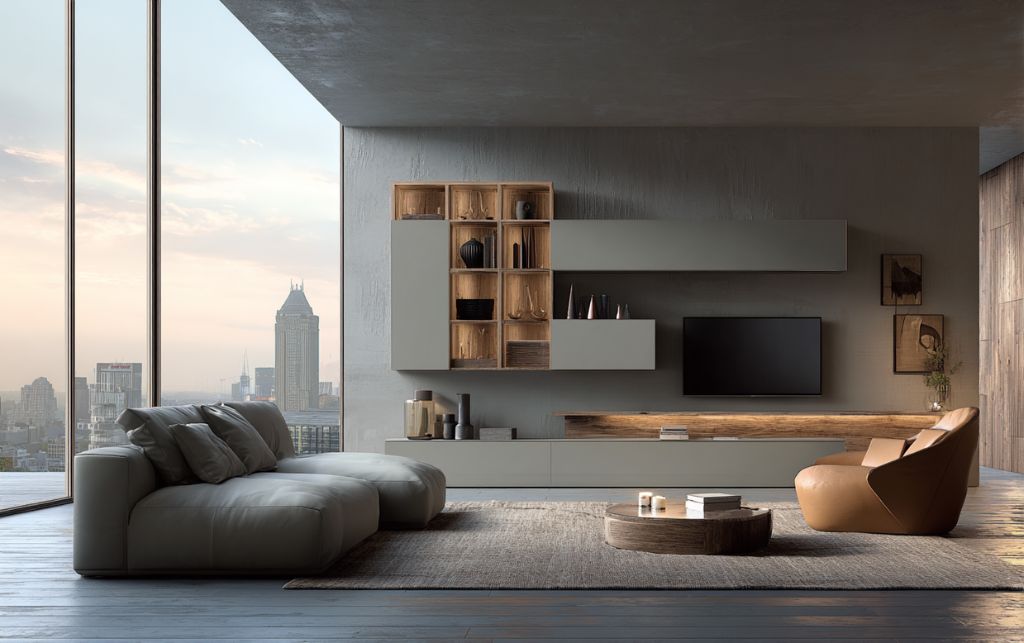 Modern grey television unit in contemporary living room