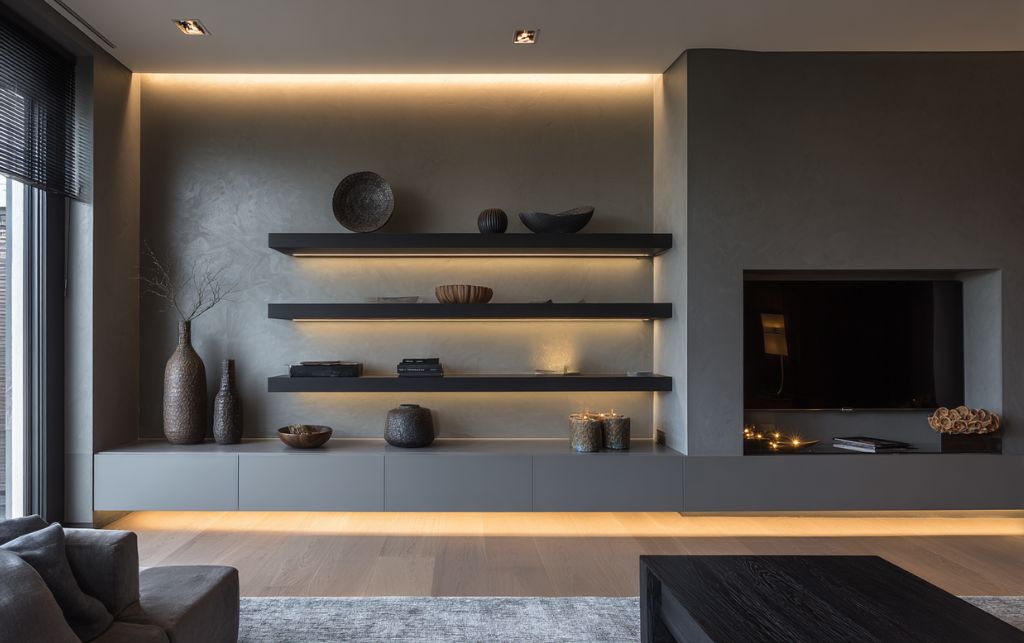 Grey TV unit with functional storage and cable management solutions